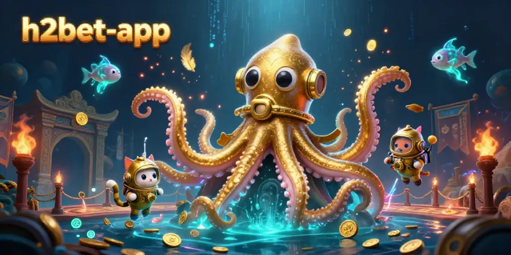 Engage in exciting gaming at h2bet-app with a vivid ocean-themed 3D illustration featuring a kraken and a diving cat.