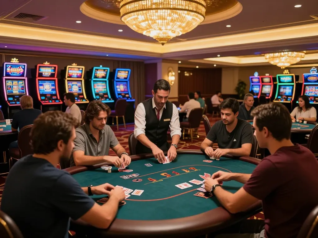 Players winning at poker tables in the upscale 75W casino environment with vibrant decor