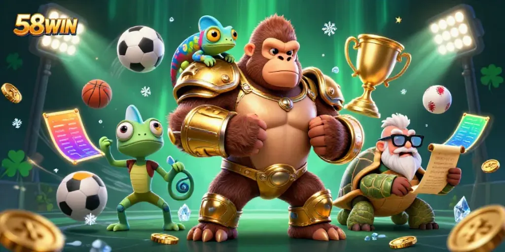 Experience the thrilling world of 58WIN with a cartoon gorilla and dynamic game elements.