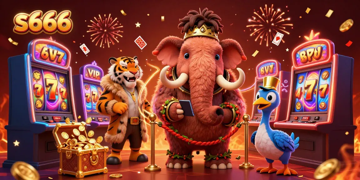 S666 casino scene with a woolly mammoth bouncer checking IDs, saber-tooth VIP, and rich slot game elements.