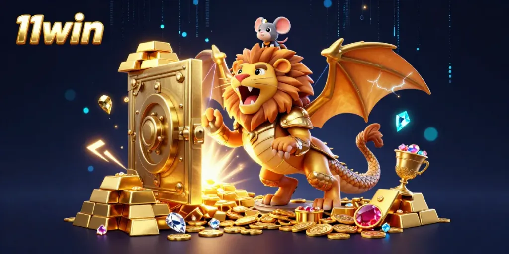 Engage with the thrilling world of 11win where a triumphant chimera guards treasure in this vibrant casino scene.