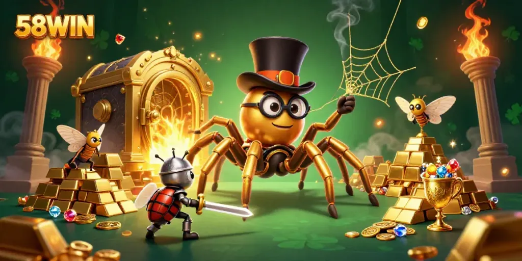 Experience the thrilling world of 58WIN with a golden tarantula weaving fortune amidst dazzling treasures.