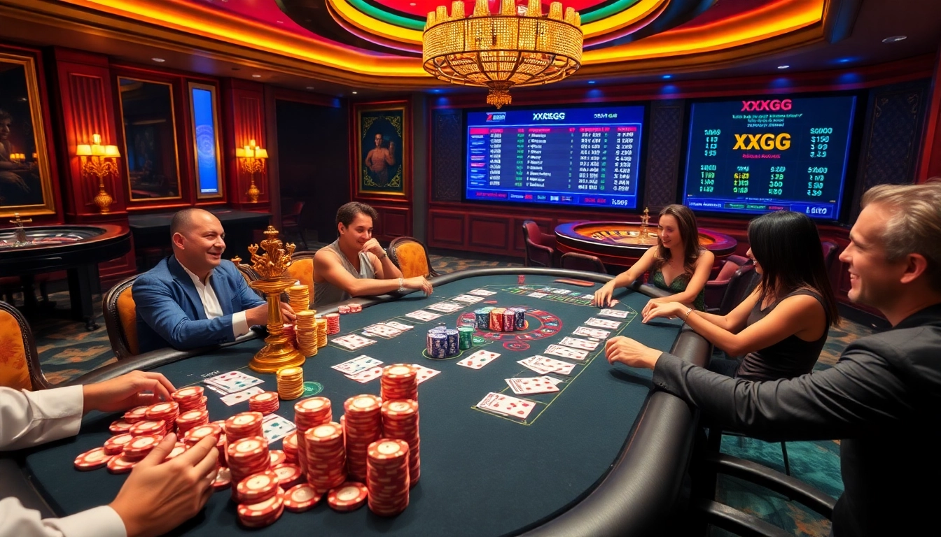 Players excitedly engaging at the poker table with XXGG branding visible on chips and cards.