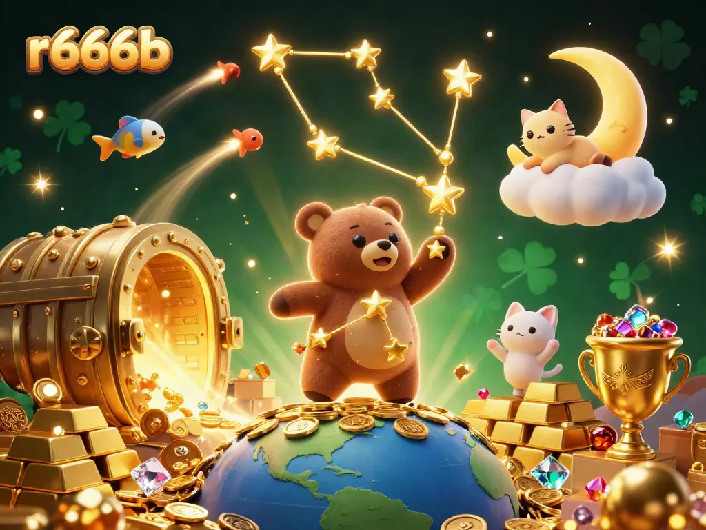 Engage with r666b as the constellation bear collects coins, joined by whimsical fish in a magical casino setting.
