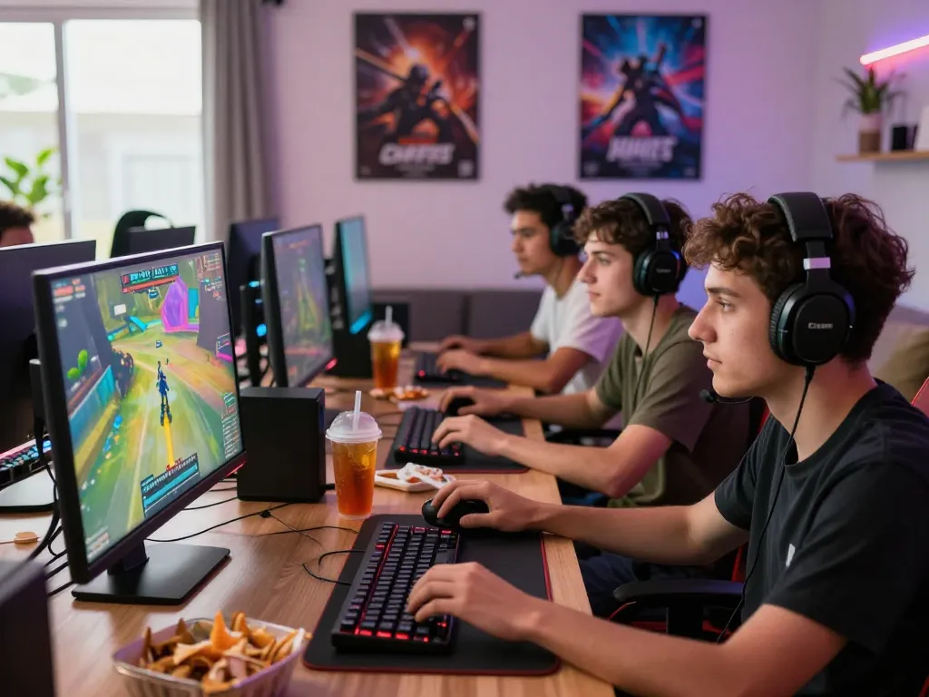 Friends enjoying an online gaming session on HH55 with snacks and drinks