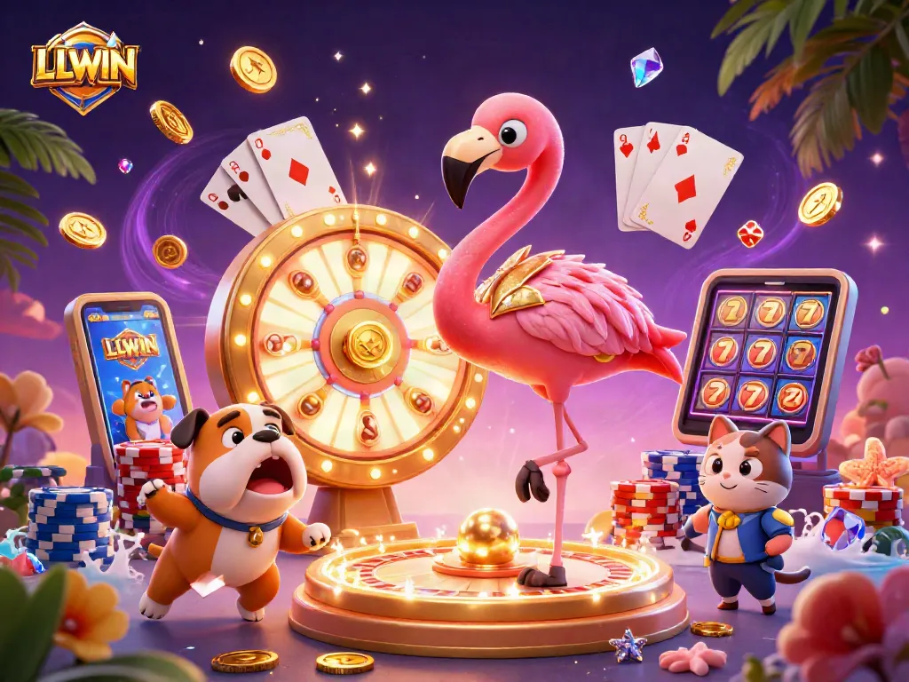 Win exciting prizes with LLWIN in a vibrant, dynamic casino game show scene.