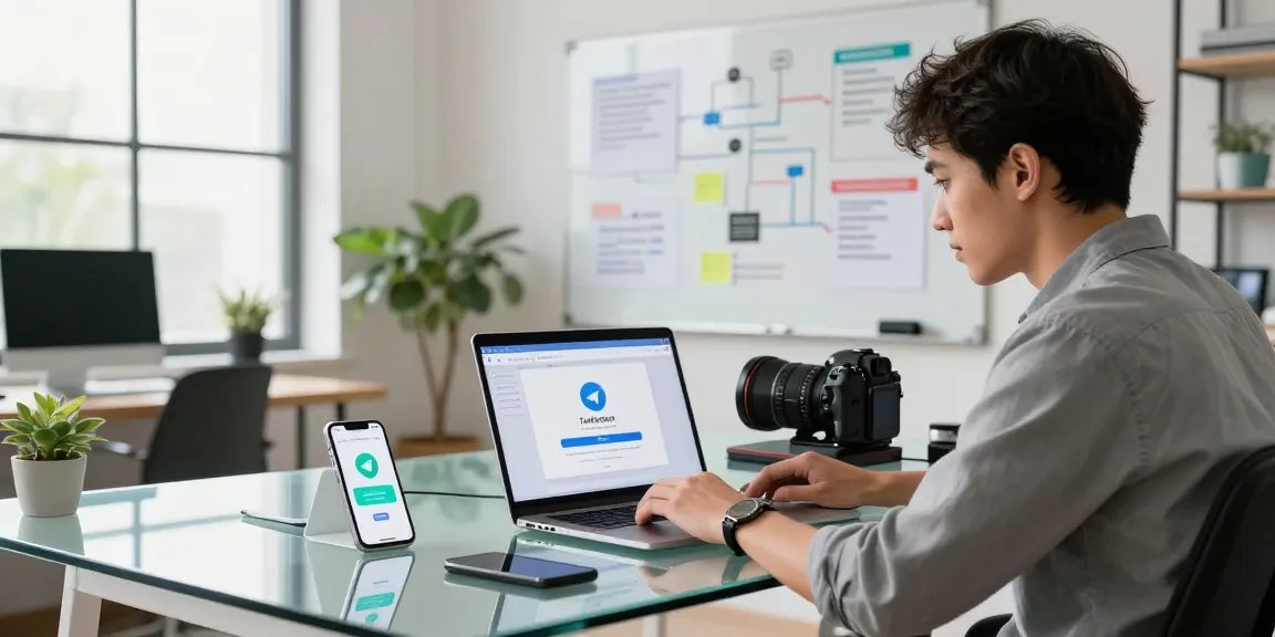 Young professional focused on Telegram download in a modern workspace.