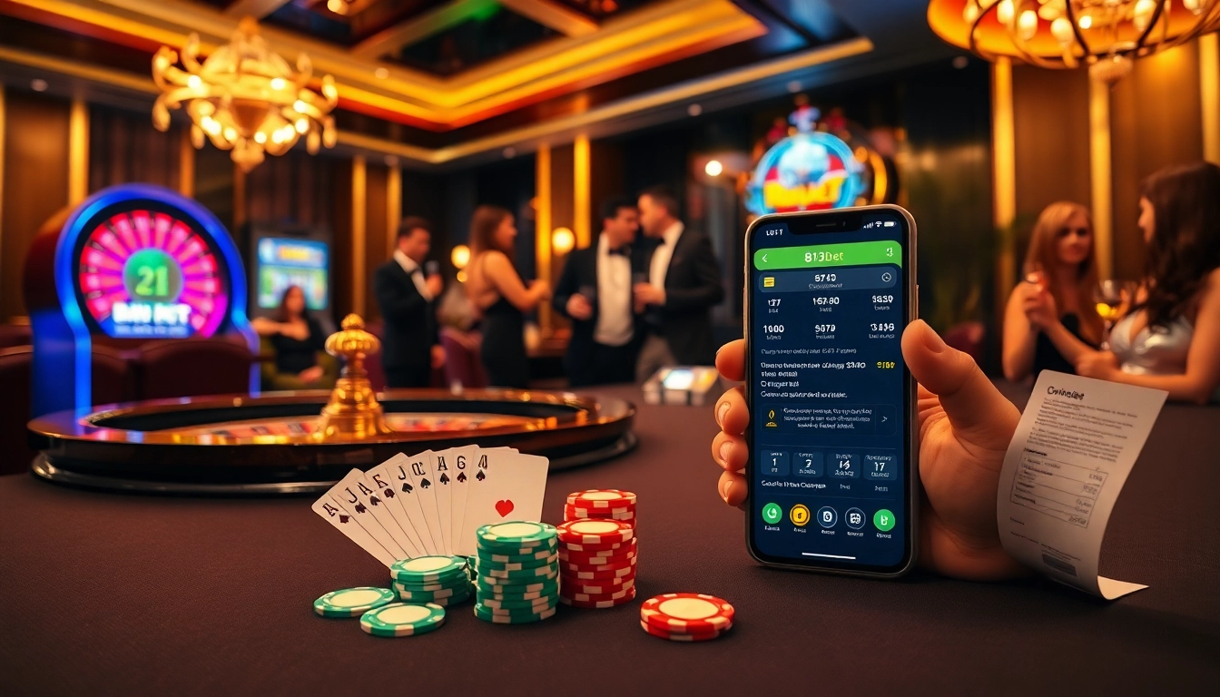 Jogadores vencedores celebram a sua sorte com a 813bet em um cassino de alto padrão.