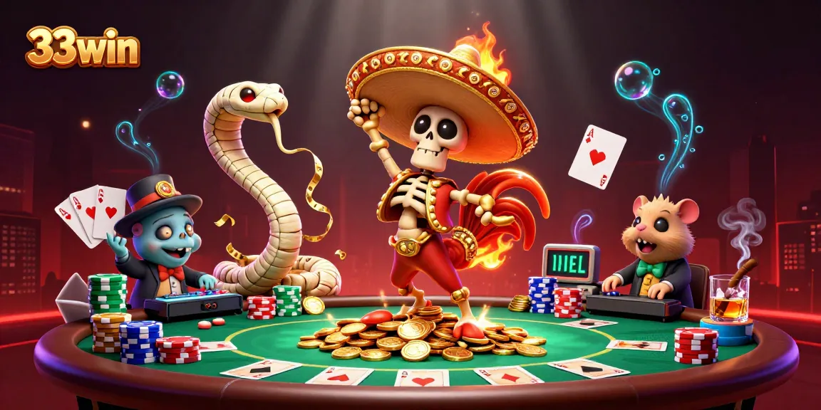 Engage in thrilling poker action at 33win with lively cartoon characters, vibrant colors, and casino elements.