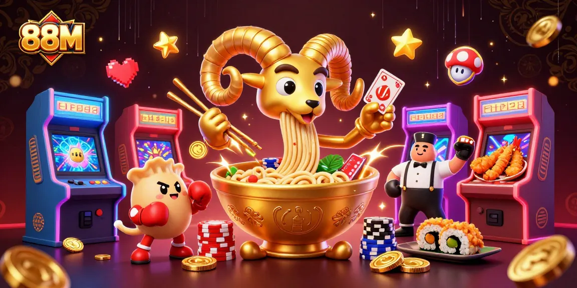 Experience excitement with 88M as a giant ramen bowl deals cards in a dynamic casino scene