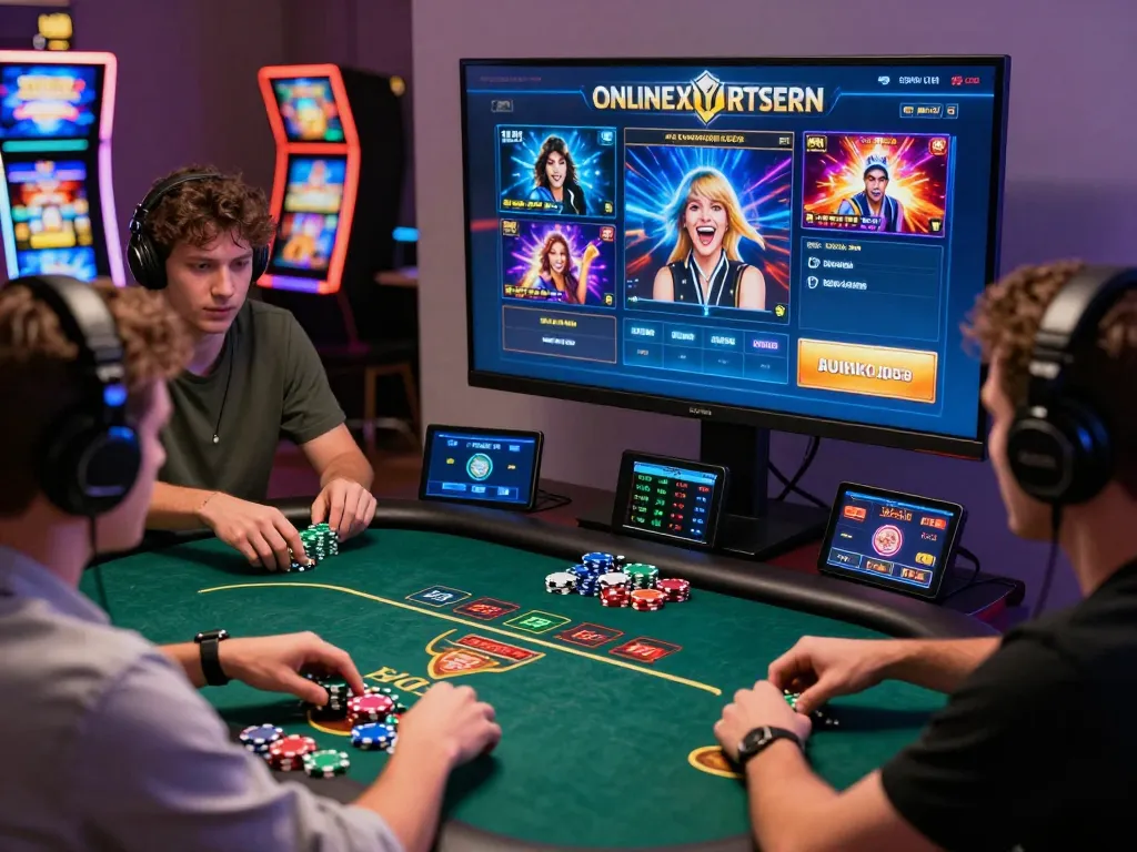 Dynamic online gambling scene with 8kbet interface displaying poker and slots, excited players in vibrant setting.
