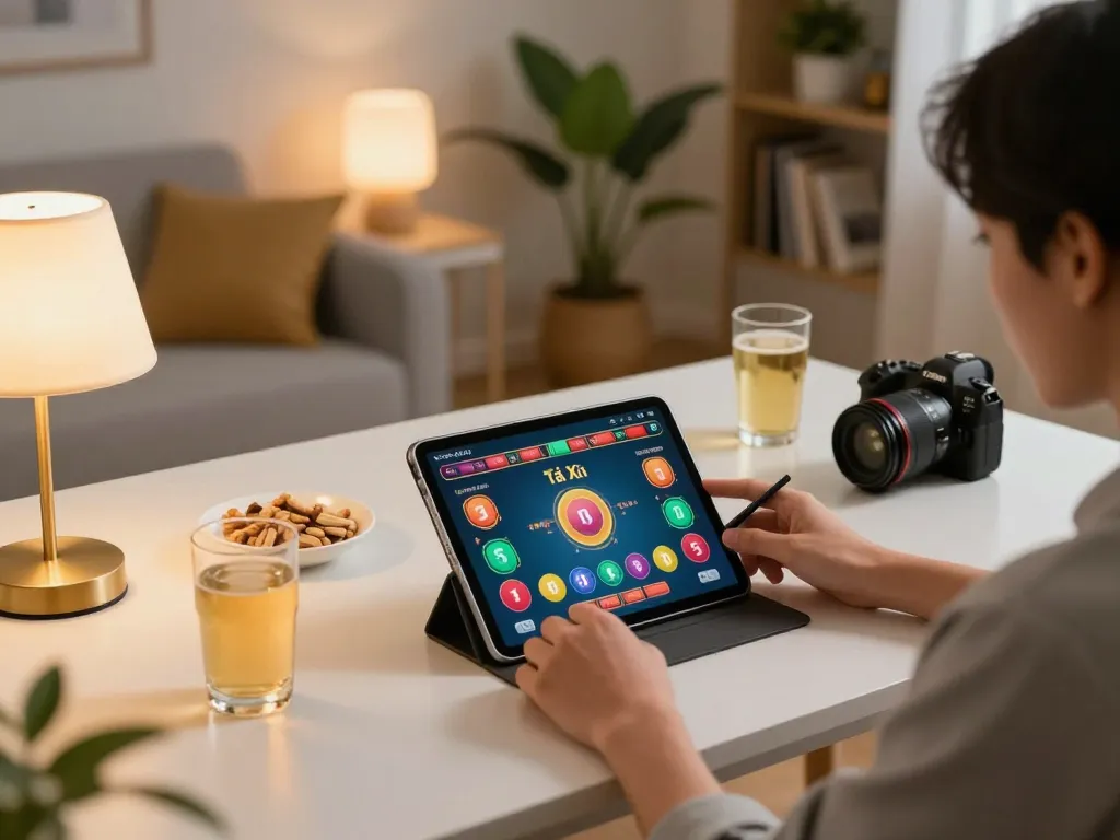 Tài Xỉu online gameplay on a tablet in a cozy home setting showcases strategic betting.