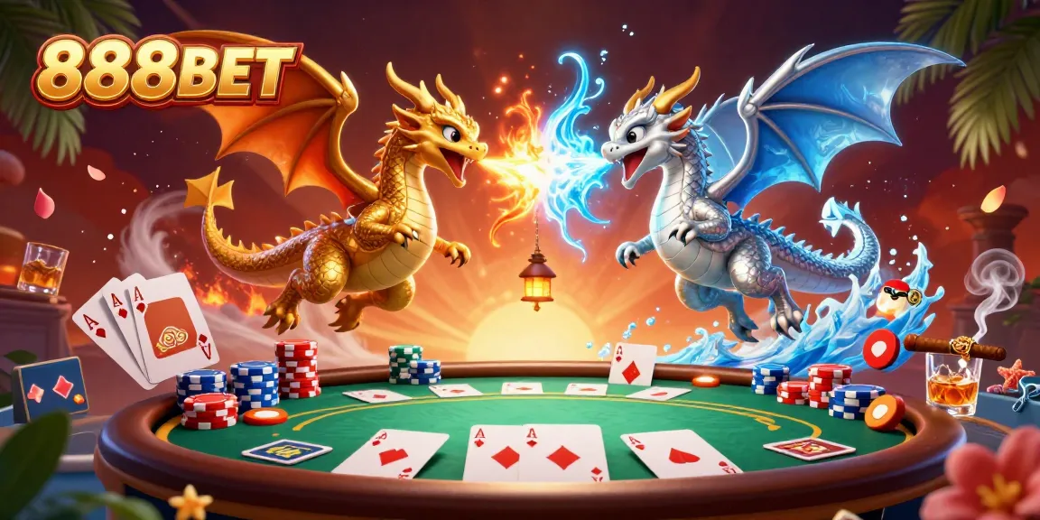 Engage with 888BET action featuring dragons and poker, showcasing vibrant gaming dynamics.