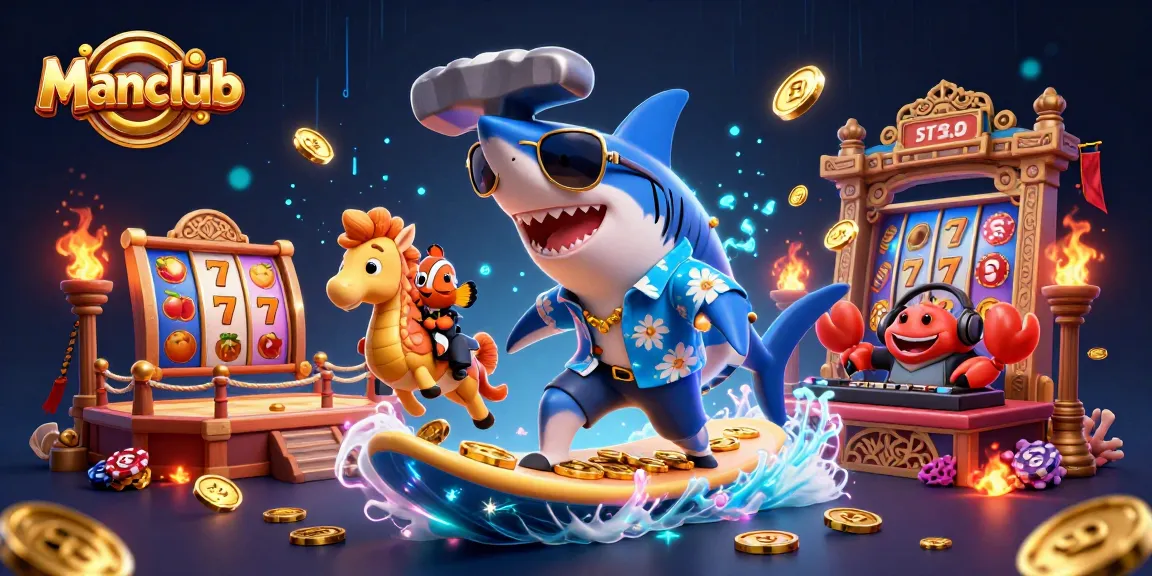 Manclub immersive gaming experience featuring a hammer-head shark surfing gold coins, highlighting vibrant casino action.