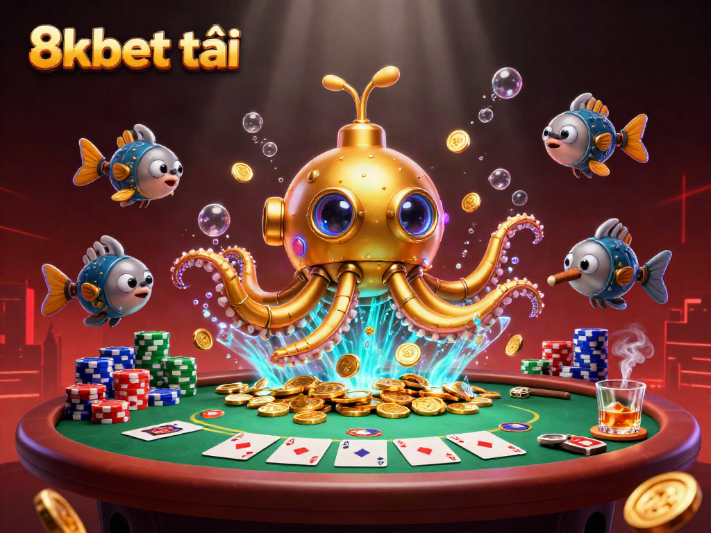 Engage with thrilling gaming at 8xbet tải, exploring an exciting underwater casino scene filled with poker elements.