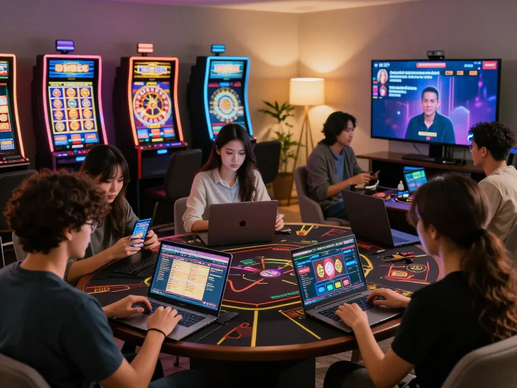 Players enjoying the 27G online casino experience on their devices in a cozy living room environment.