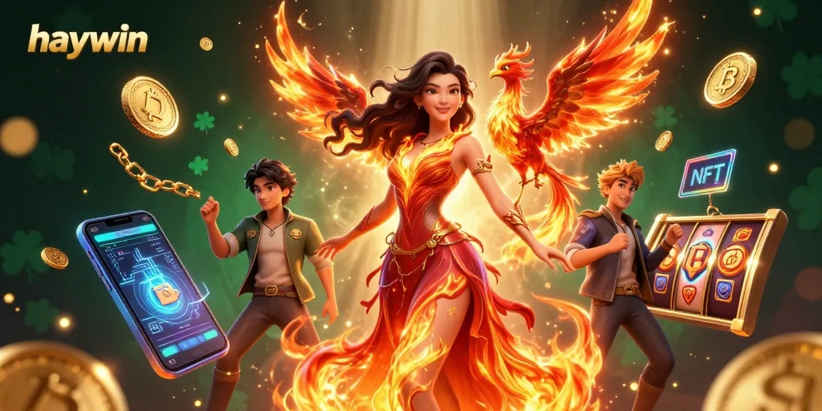 Experience excitement at haywin with winning slot reels and a magical phoenix in a vibrant casino scene.