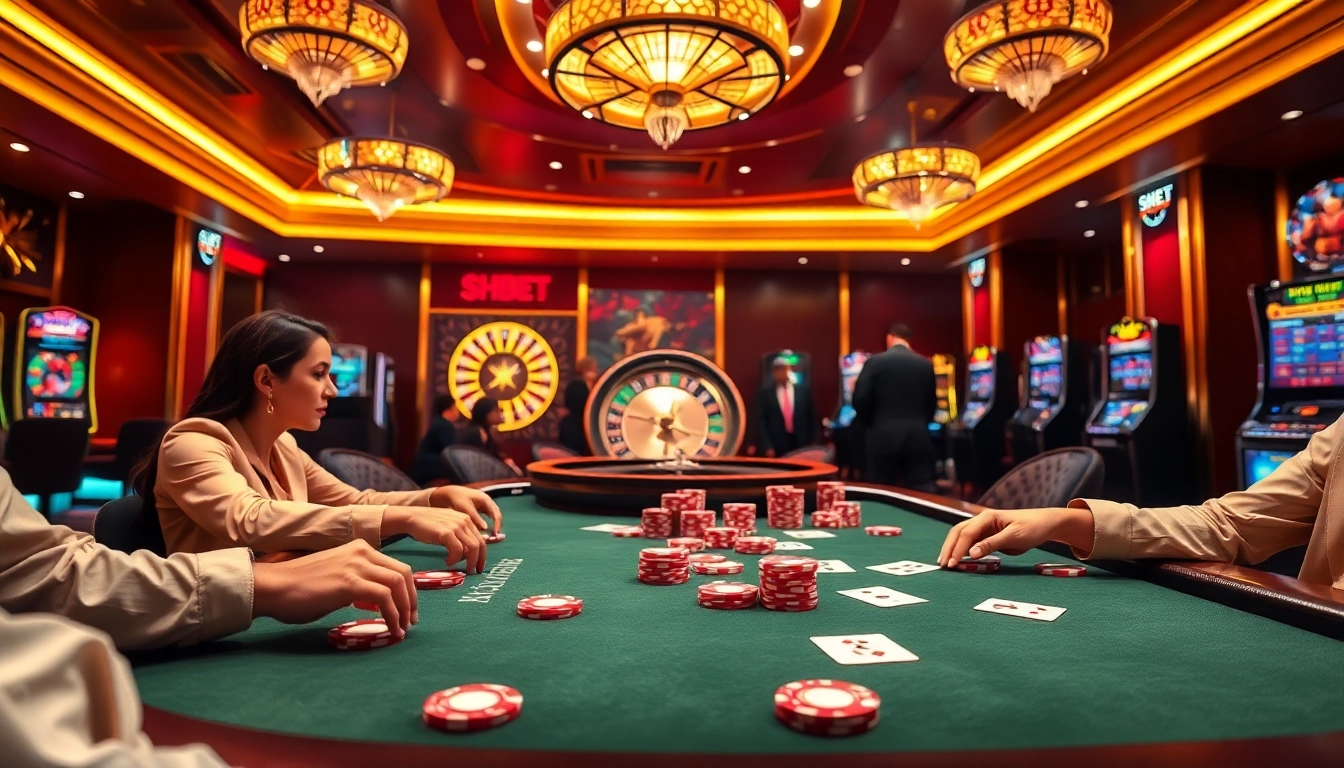 Experience the thrill of SHBET with professional poker play, vibrant chips, and casino ambiance.