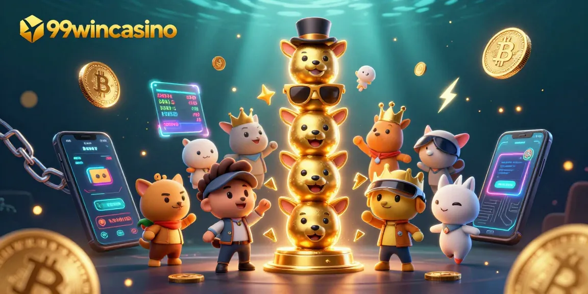 Engage in winning strategies at 99wincasino with animated casino characters and crypto elements.
