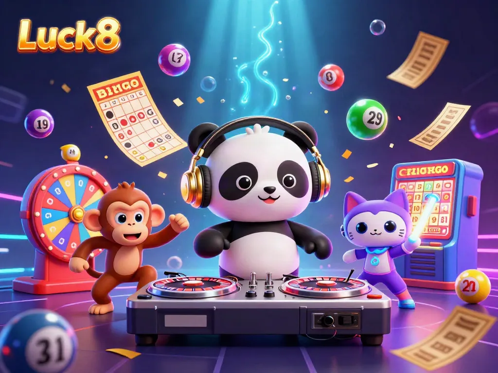 Luck8 casino scene with a DJ panda, breakdancing monkey, and glowing kitten in a vibrant atmosphere.