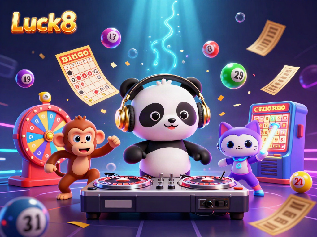 Luck8 casino scene with a DJ panda, breakdancing monkey, and glowing kitten in a vibrant atmosphere.