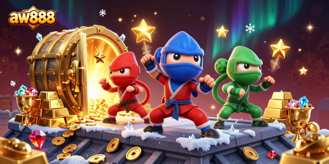 Experience thrilling gameplay at aw888 with a colorful ninja chameleon team surrounded by dazzling casino riches.