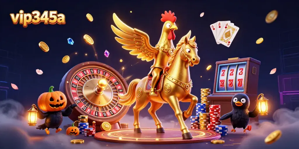 Experience the thrilling atmosphere of vip345a with a golden rooster riding through a vibrant casino scene.