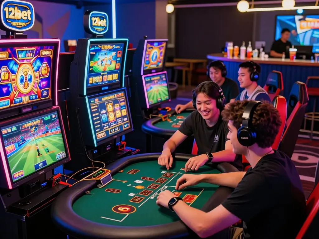 Engaging gaming experience on 12bet brasil with players enjoying diverse gaming options, vibrant atmosphere, and live interactions.