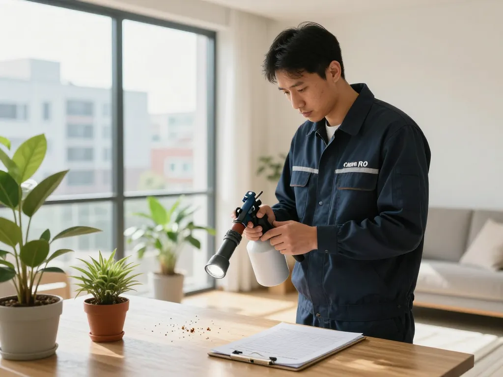Pest control technician inspecting for pests, highlighting the expertise of Dedetizadora services in a modern urban apartment.
