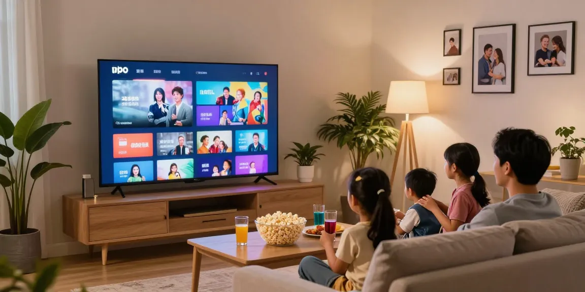 Família assistindo IPTV em uma sala de estar aconchegante, reunidos para uma noite de cinema.