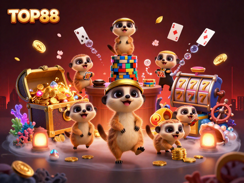 TOP88 casino scene with lively meerkats orchestrating exciting slot games and treasures.