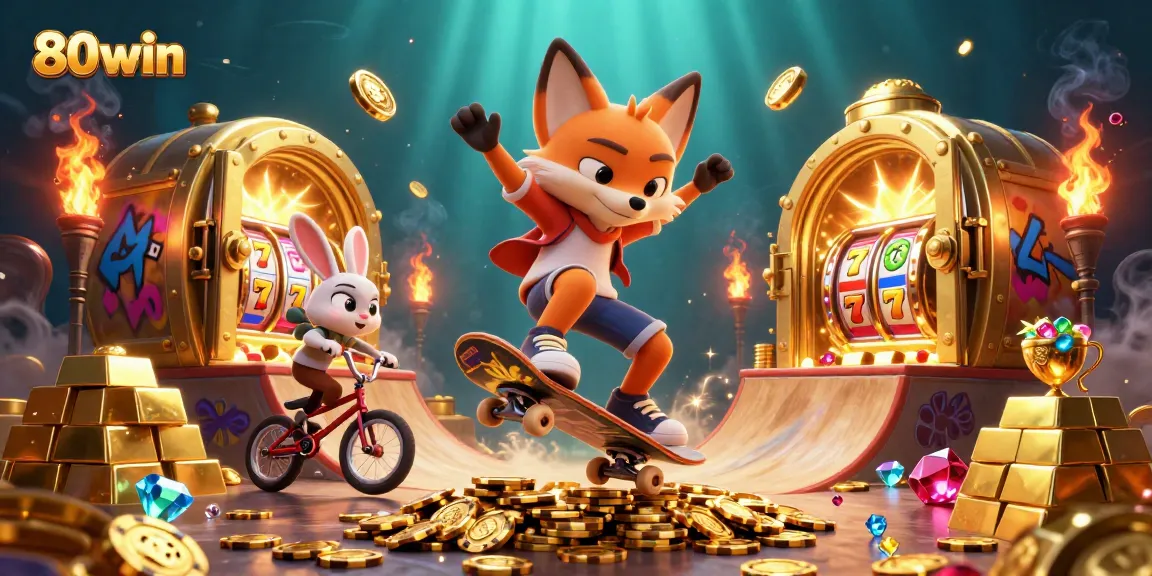 Experience excitement at 80win with a vibrant 3D scene of gaming symbols and characters in action.