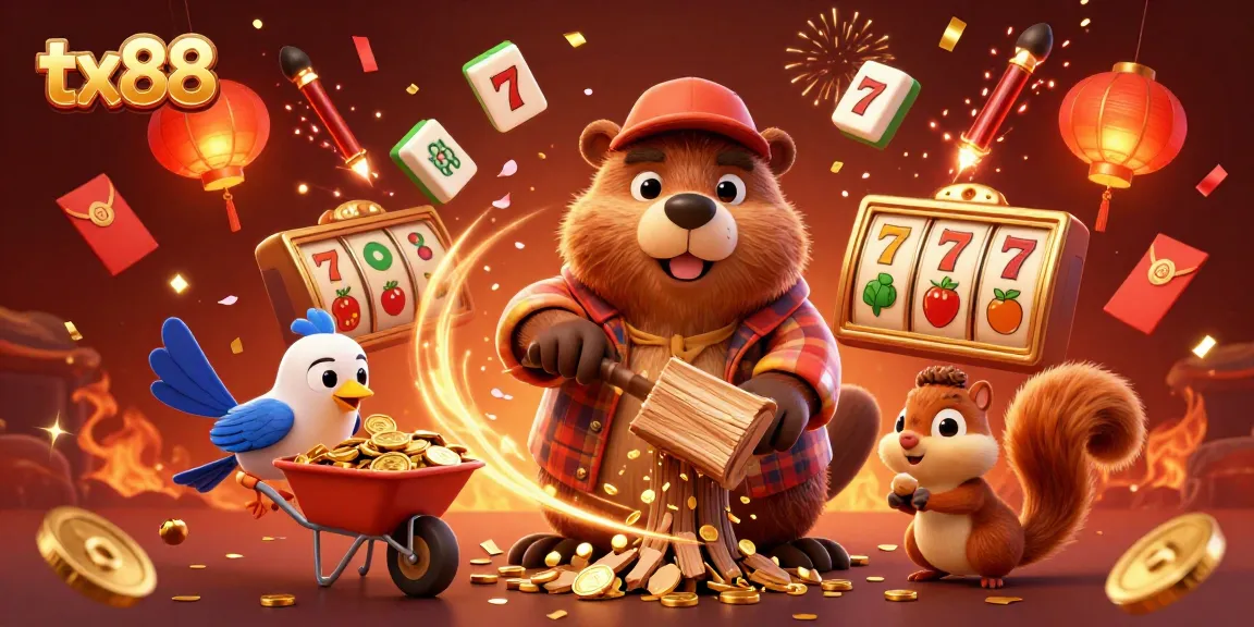 tx88 promotes exciting wins with cartoon lumberjack beaver celebrating gold coins in a lively casino scene.