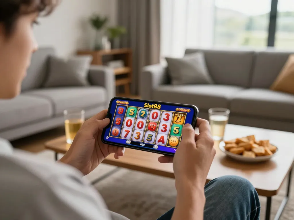 A player enjoying spinning the reels on slot88 apk at home, capturing vibrant online slot game excitement.