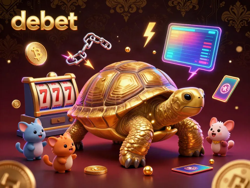 Play exciting games at debet with vibrant golden tortoise and slot-themed visuals.