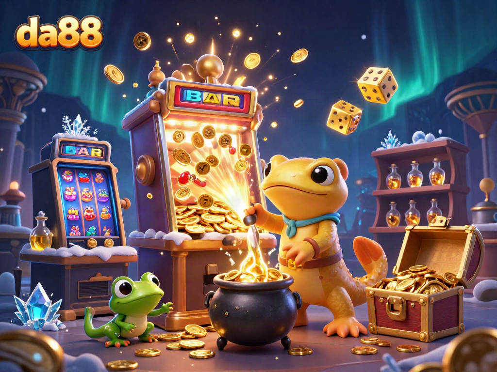 Experience the excitement of da88 with a vibrant casino-themed illustration featuring enchanting characters and jackpot elements.
