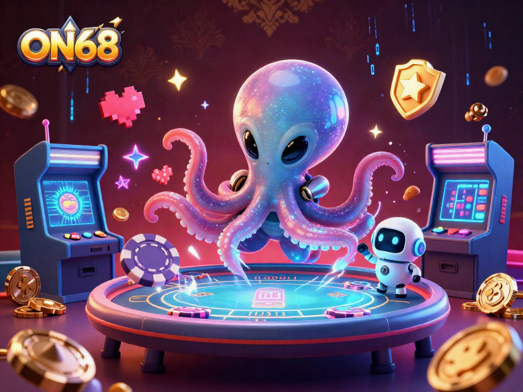 Experience ON68's exciting gameplay with a vibrant alien octopus dealer and holographic poker table.
