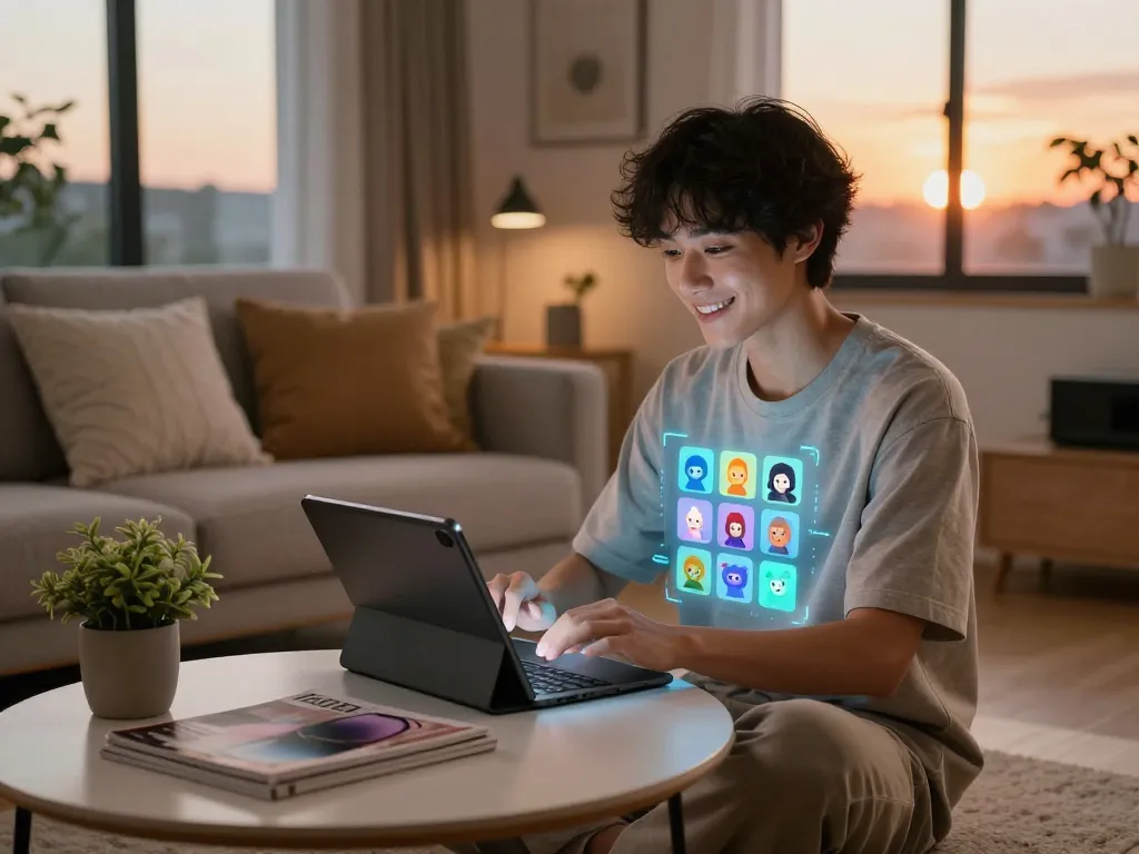 Youthful user engaging with crush on ai chatbot in a cozy modern living room, showcasing vibrant AI avatars.