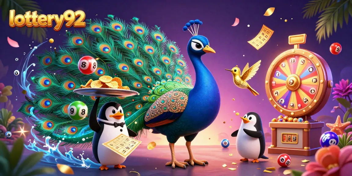 Engage with lottery92 as vibrant numbered balls bounce around a lively scene showcasing an aristocratic peacock and penguin butler.