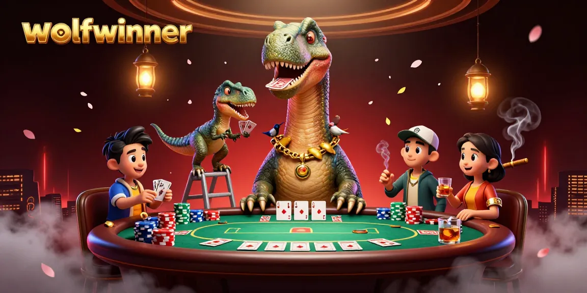 wolfwinner casino illustration with playful dinosaur and clever raptor dealing cards.