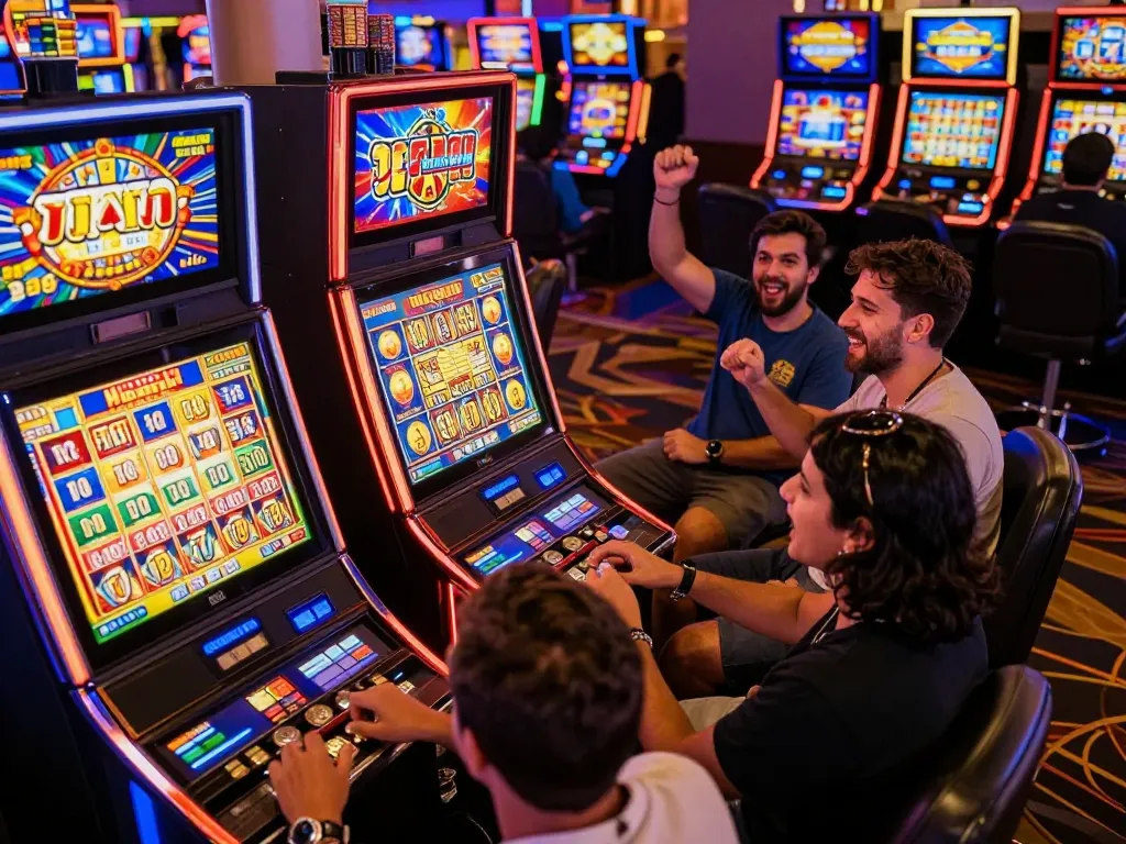 Engaged players cheering at jili707 slot machines in Brazil, showcasing colorful lights and vibrant atmosphere.