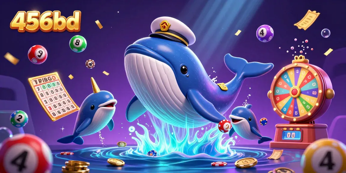Engage with the vibrant 456bd gaming scene featuring a whimsical whale and dynamic lottery elements.