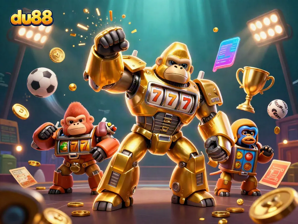 Du88 gaming experience with a golden gorilla mech and slot elements, erupting with coins and excitement.