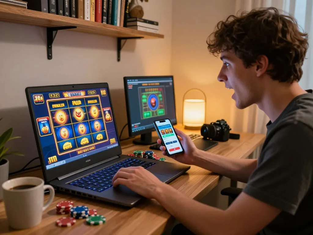 Engaging in an online slot game at mk8 with a laptop, highlighting excitement in a home gaming setup.