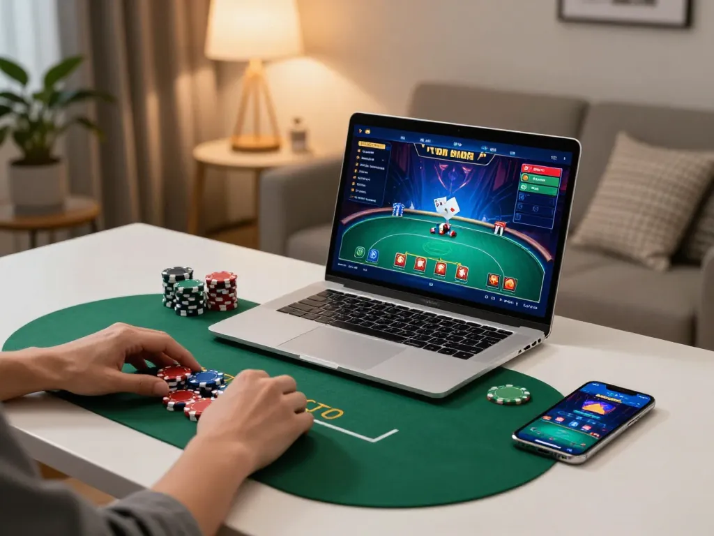 Engage in thrilling poker action at hit-club with personalized online gaming setup showcasing bet placements and vibrant interface.