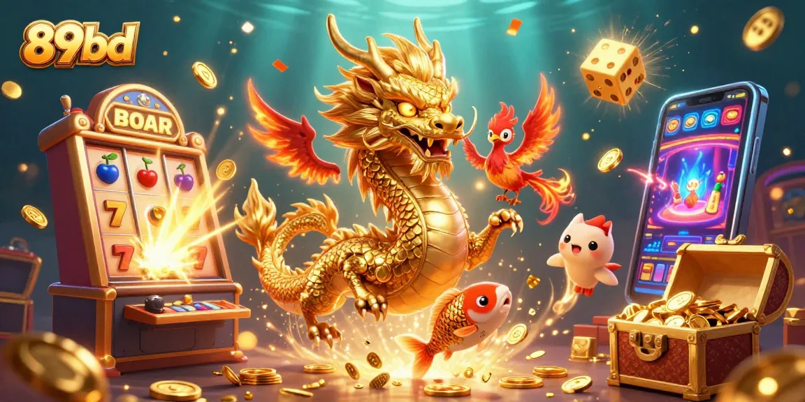 Engage with 89bd's vibrant casino scene featuring a golden dragon and a jackpot explosion.