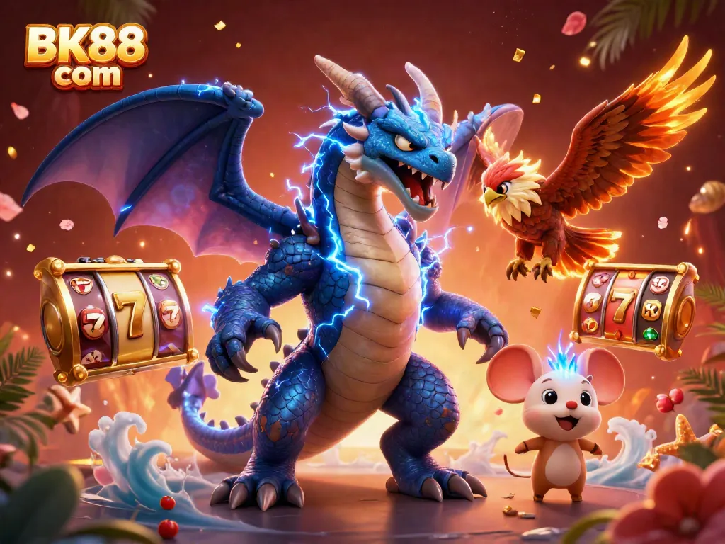 Experience thrilling gaming at BK88 com with an electric dragon, hawk, and 3D slot reels!