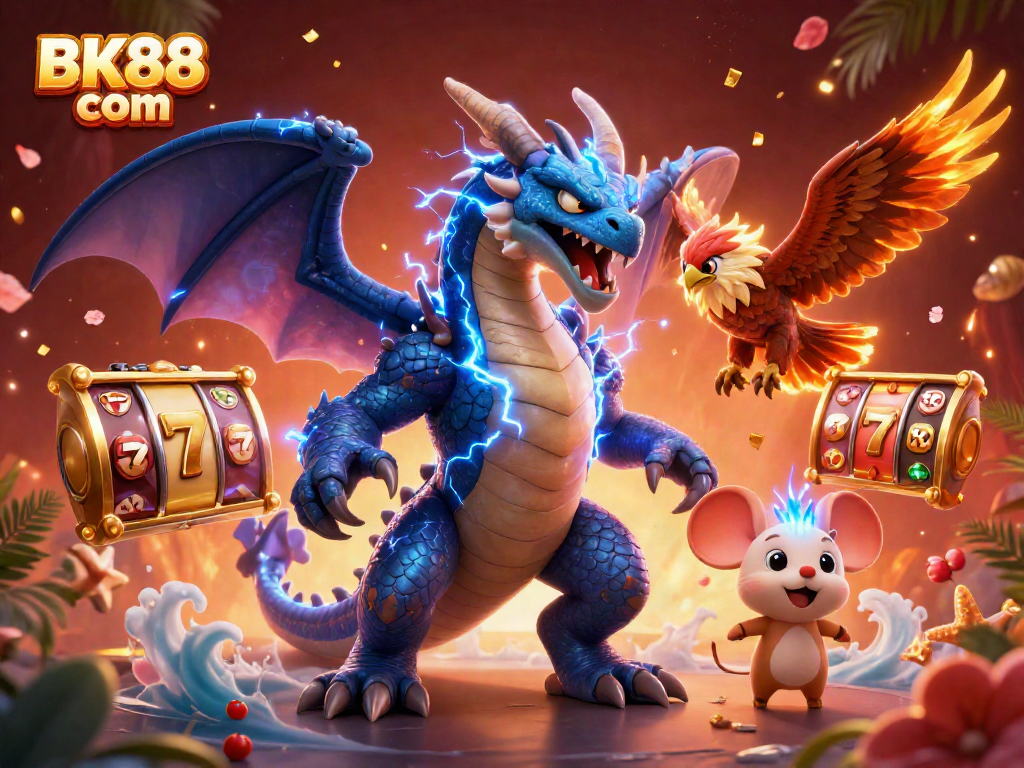 Experience thrilling gaming at BK88 com with an electric dragon, hawk, and 3D slot reels!