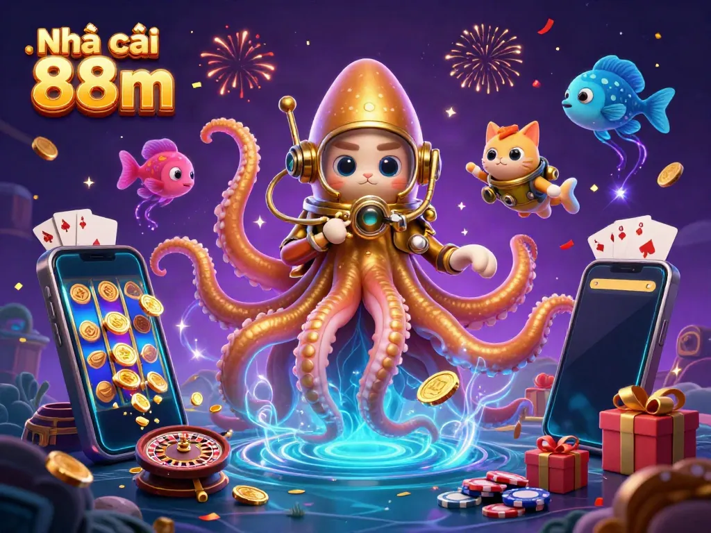 Engage with Nhà cái 88m in this vibrant 3D casino scene featuring a kraken and a diving cat, celebrating with games.