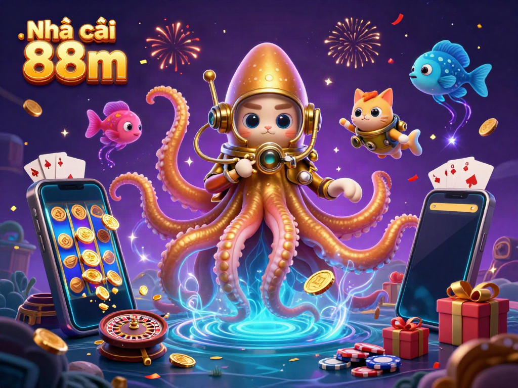 Engage with Nhà cái 88m in this vibrant 3D casino scene featuring a kraken and a diving cat, celebrating with games.